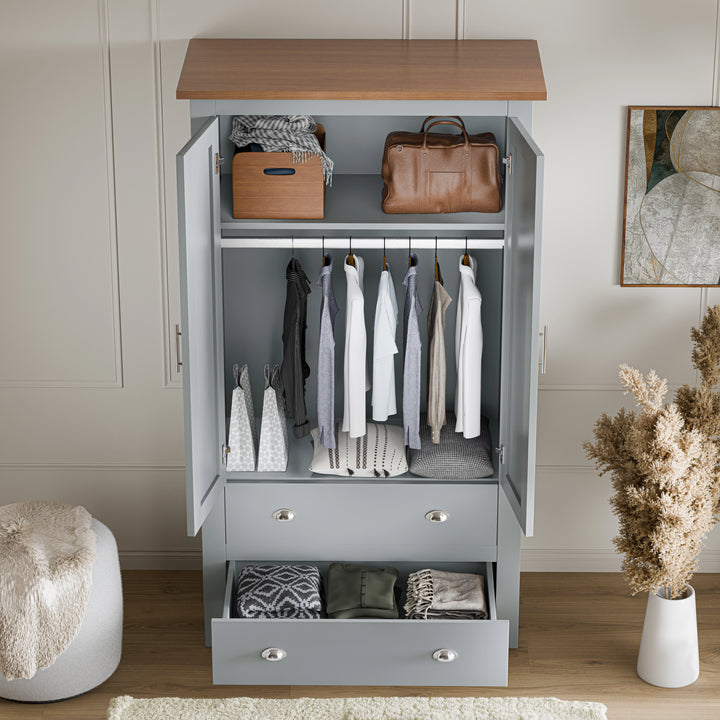[Grey] Open Grey Shaker bedroom furniture set wardrobe revealing hanging rail and top shelf