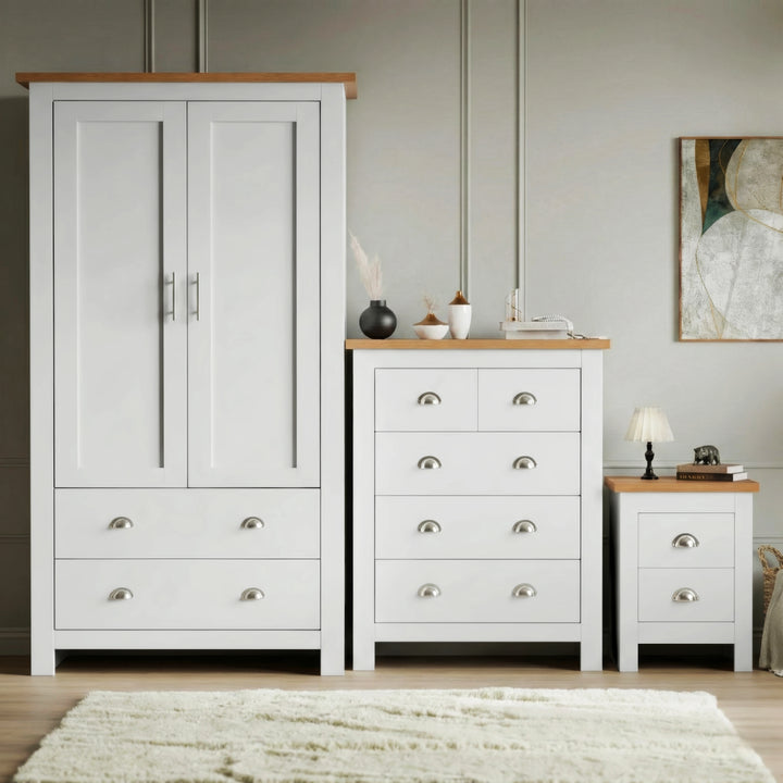 [White] White Shaker bedroom furniture set with oak top wardrobe, 2-over-3 chest and 2-drawer bedside