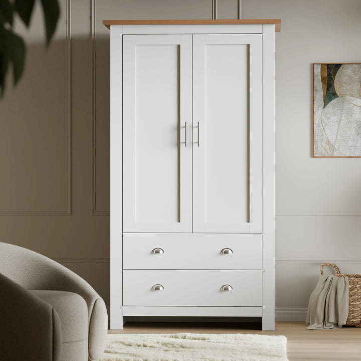[White] Shaker bedroom furniture set wardrobe in white with panel doors and oak veneer top