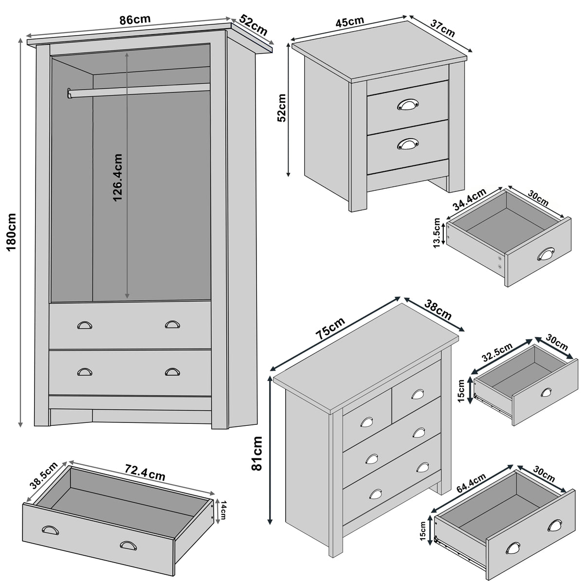 [White] Sizing diagram with wardrobe 86 x 52 x 180cm, 4 drawer chest 75 x 38 x 81 cm and bedside 45 x 37 x 52 cm