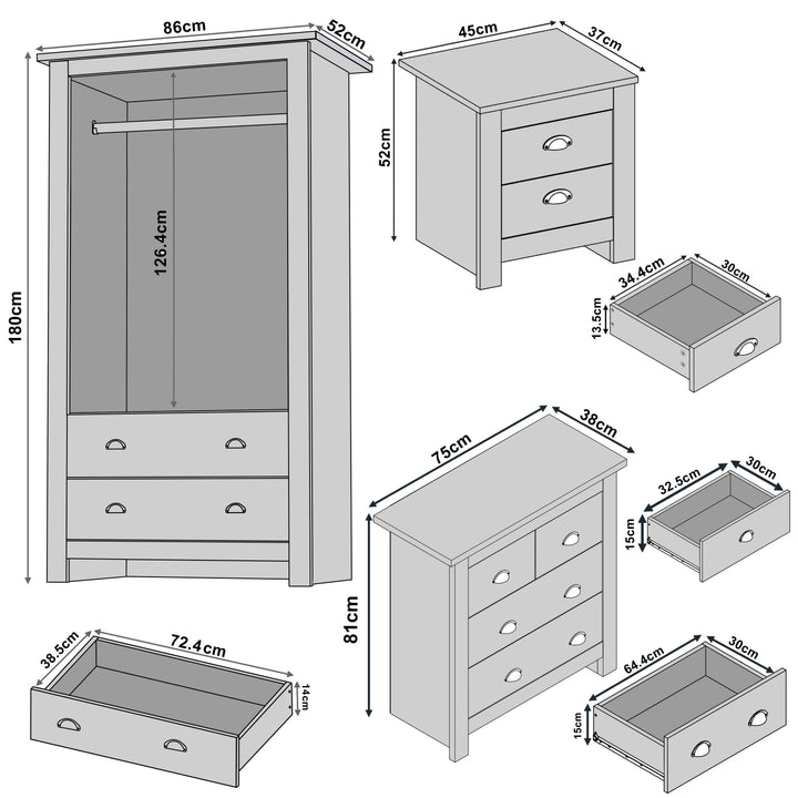 [White] Sizing diagram with wardrobe 86 x 52 x 180cm, 4 drawer chest 75 x 38 x 81 cm and bedside 45 x 37 x 52 cm