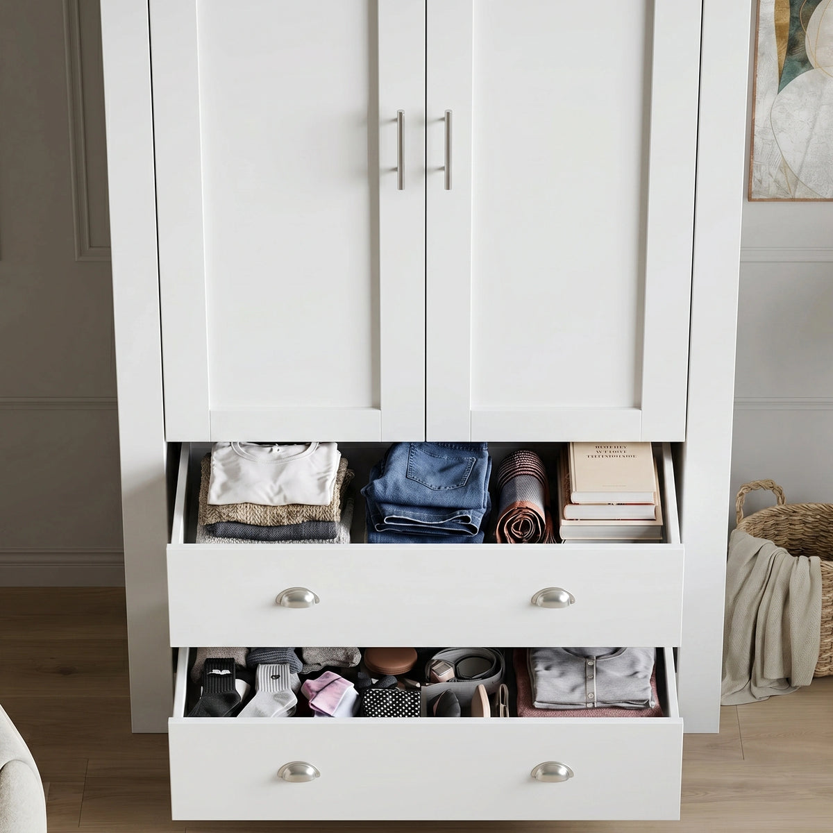 [White] 2 Door Wardrobe with two doors and two open drawers, shown in a real room with wood flooring