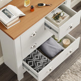 [White] Top down view of white chest of drawers showing aztec textile inside the wide pulled drawer