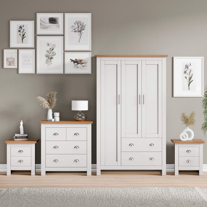 [White] Shaker bedroom furniture set in white with wardrobe chest and bedside under framed gallery wall