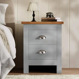 [Grey] Two drawer Shaker bedside in grey with cup handles and oak top styled with table lamp