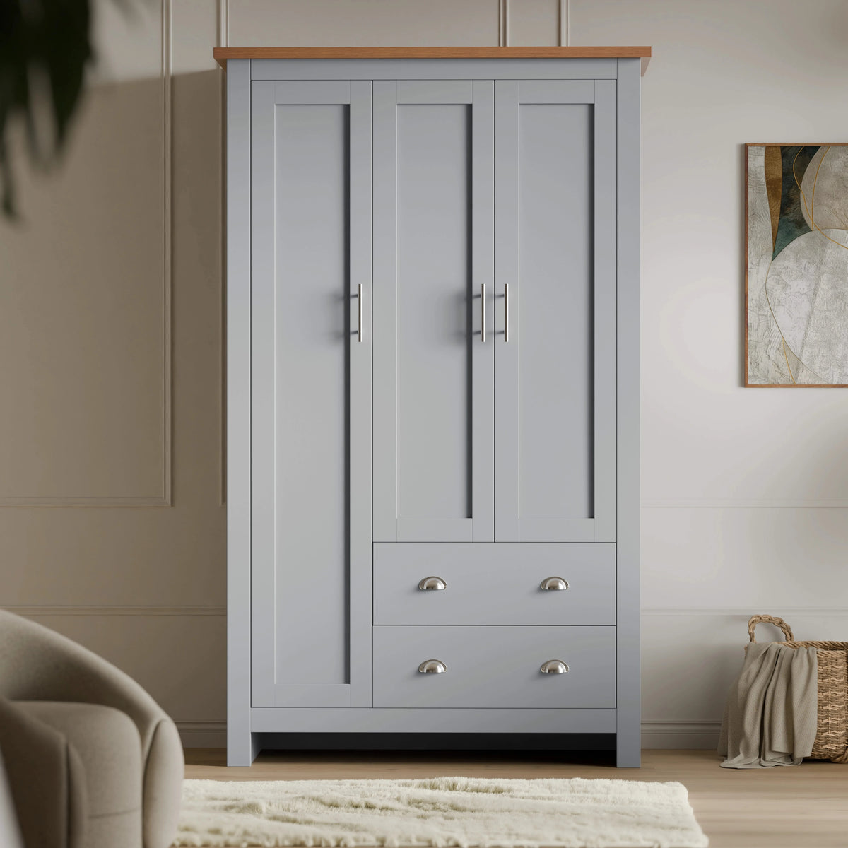 [Grey] Grey triple wardrobe with shaker panel doors part of Shaker bedroom furniture set in panelled room
