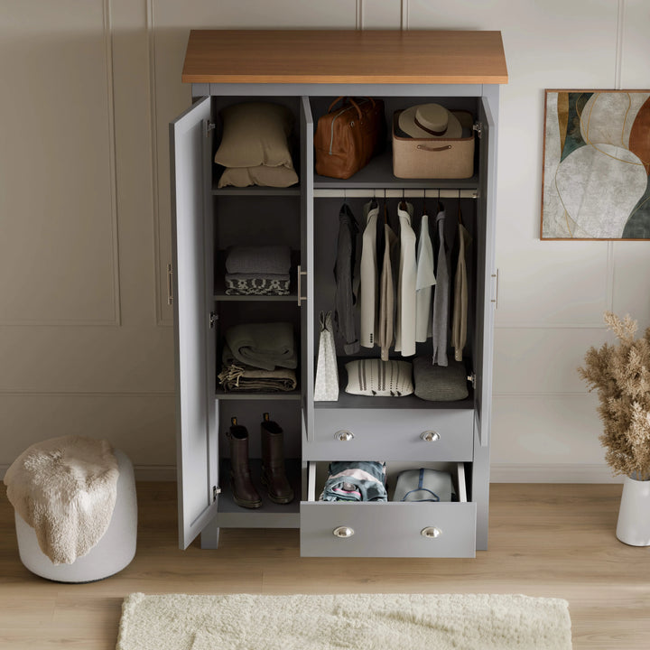 [Grey] Grey Shaker wardrobe open showing shelves bags hats above hanging rail part of bedroom furniture set