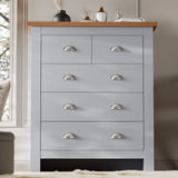 [Grey] Shaker 5 drawer chest with oak top, cup handles and panel drawer fronts