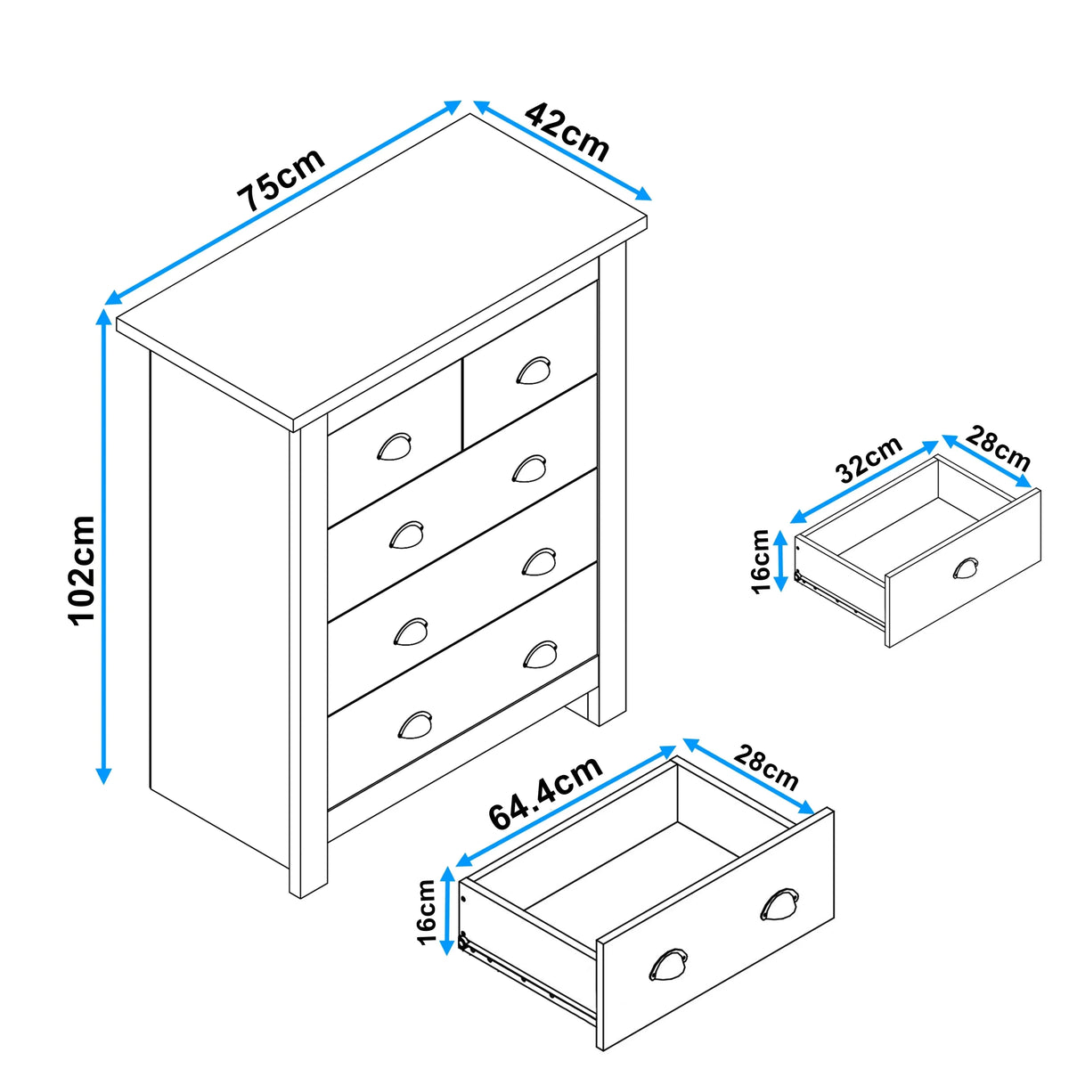 [Navy] Dimensions: Shaker 5 drawer chest W 75 x D 42 x H 102 cm overall