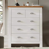[White] Shaker 5 drawer chest with oak top, cup handles and 2-over-3 panel fronts on plinth base