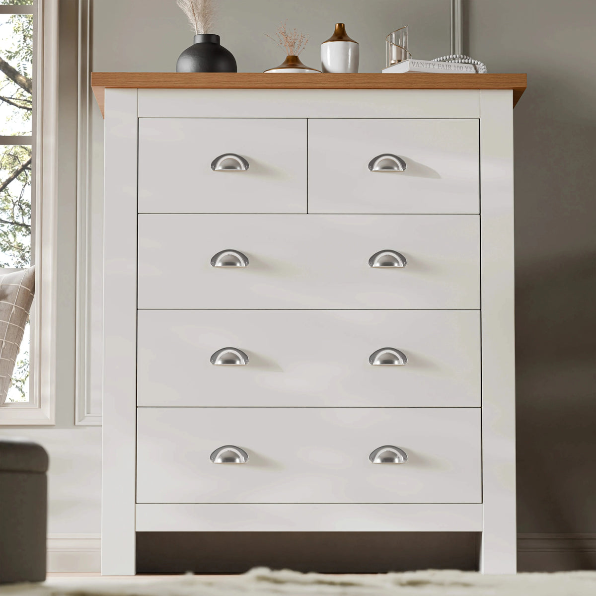 [White] Shaker 5 drawer chest with oak top, cup handles and 2-over-3 panel fronts on plinth base