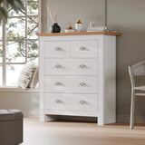 [White] Bedroom lifestyle shot of Shaker chest, oak top dressed with vase, candle and trinket dish