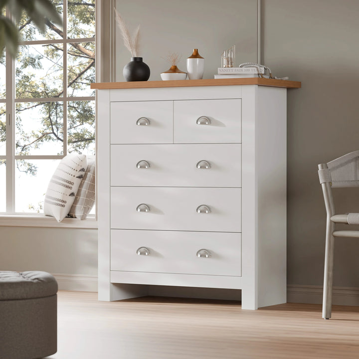[White] Bedroom lifestyle shot of Shaker chest, oak top dressed with vase, candle and trinket dish