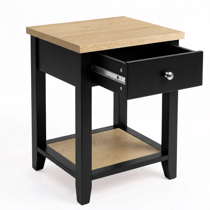 [Black] Angled view with the pull-out drawer open and metal runners visible