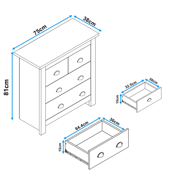 [Blue] Blue Shaker chest of drawers spec drawing with 75x38x81cm body and 32.5x30x15cm small drawer inside