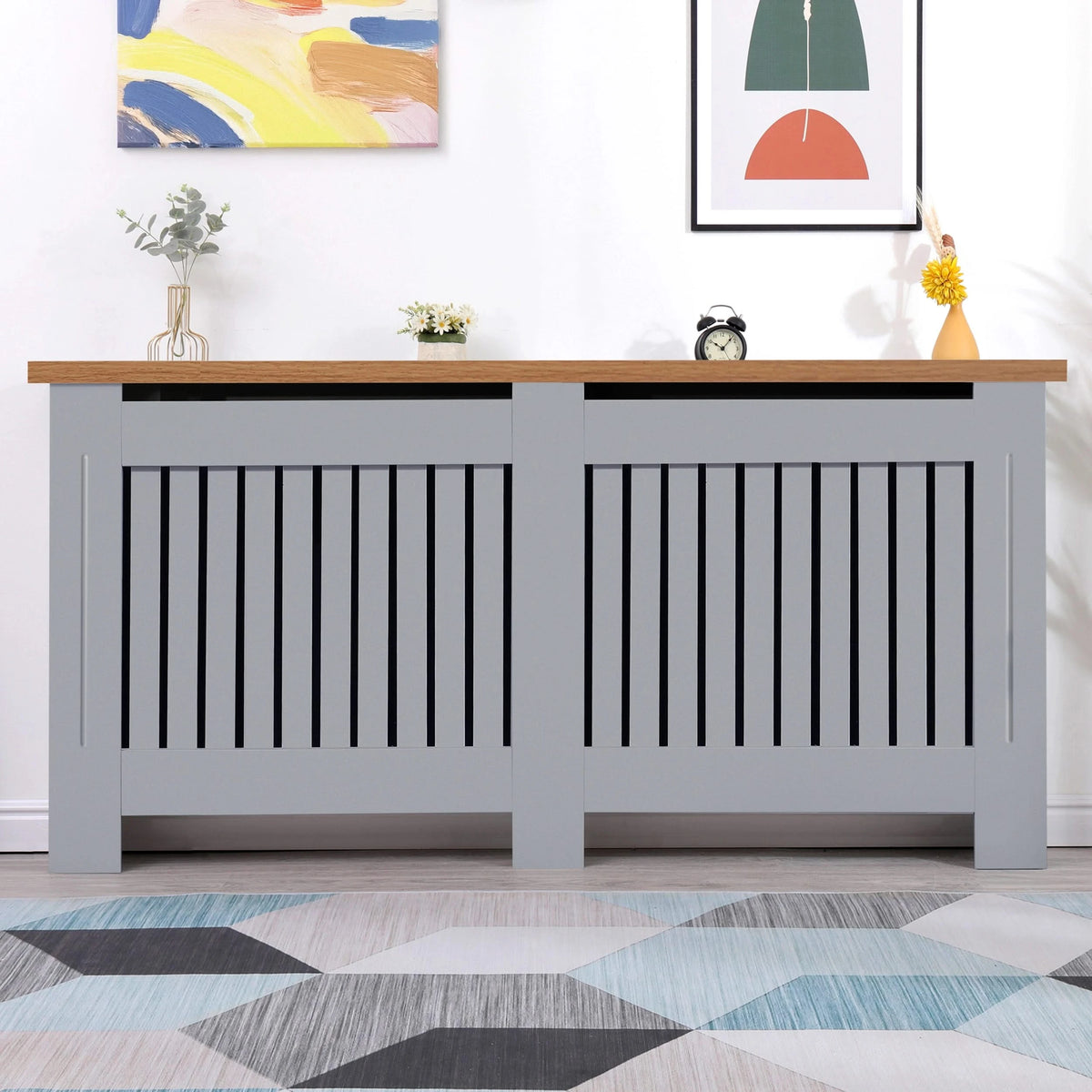 [Extra Large | Grey] Large Radiator Cover With Oak Top - Vertical Slatted Design in grey, blending with modern decor and providing radiator concealment.