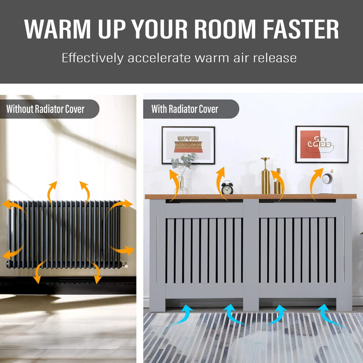 [Extra Large | Grey] Airflow shown across grey wooden radiator cover with oak top, maintaining circulation while covering radiators in style.