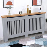[Extra Large | Grey] Radiator Cover With Oak Top - Vertical Slatted Design in grey, styled with decor items, ideal for hallway or living room use.