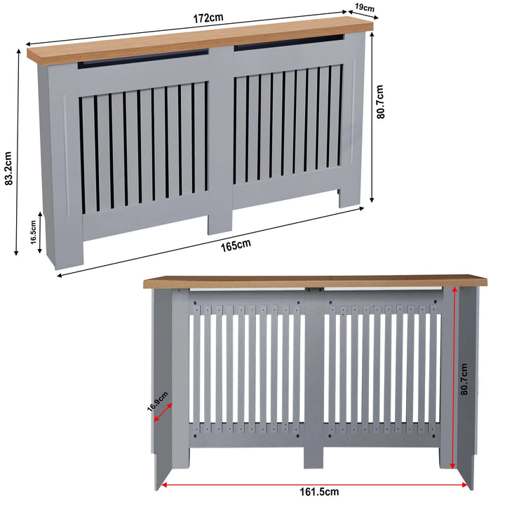[Extra Large | Grey] Detailed measurements of Radiator Cover With Oak Top - Vertical Slatted Design for large radiators, ideal for accurate installation.