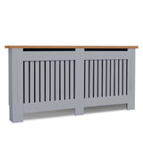 [Extra Large | Grey] Angled view of Radiator Cover With Oak Top - Vertical Slatted Design in grey MDF, suitable for stylish radiator concealment.