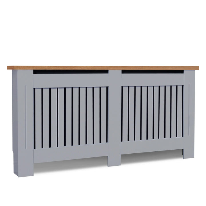 [Extra Large | Grey] Angled view of Radiator Cover With Oak Top - Vertical Slatted Design in grey MDF, suitable for stylish radiator concealment.