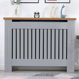 [Medium | Grey] Front-facing view of medium grey radiator cover with oak top, offering a clean and modern look for home interiors.