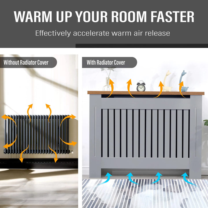 [Medium | Grey] Radiator Cover With Oak Top - Vertical Slatted Design | DHS showing airflow comparison with and without cover for efficient heat distribution.
