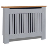 [Medium | Grey] Angled view of grey radiator cover with oak top and vertical slats, designed to conceal radiators while enhancing room aesthetics.