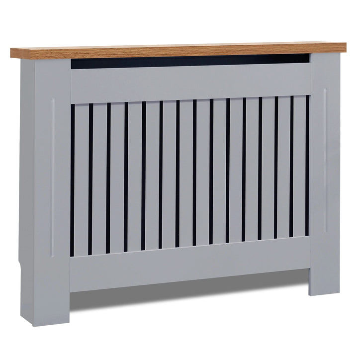[Medium | Grey] Angled view of grey radiator cover with oak top and vertical slats, designed to conceal radiators while enhancing room aesthetics.