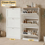 [White] close and open shoe cabinet comparison, all three flip-front drawers tilted out showing double-tier shelves