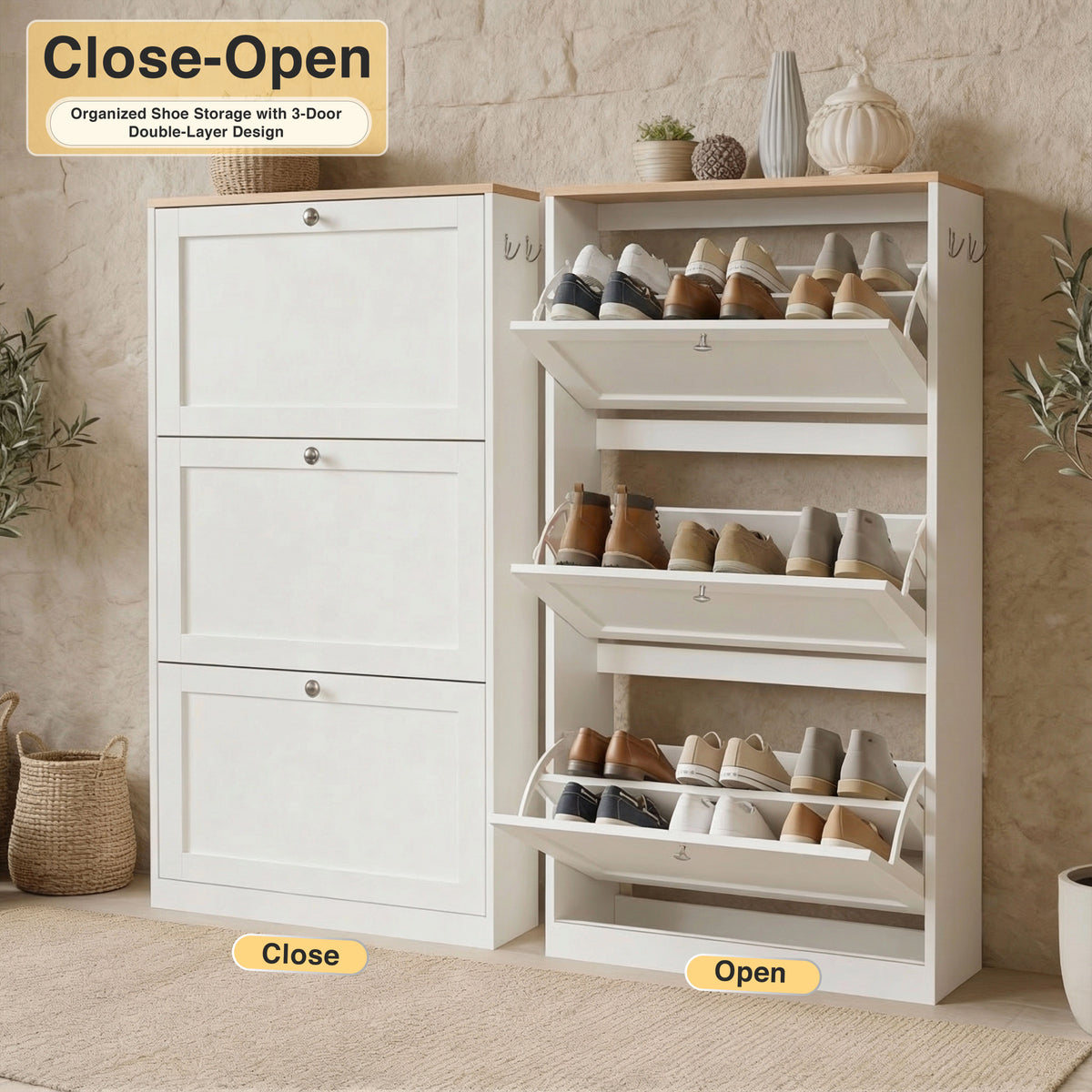 [White] close and open shoe cabinet comparison, all three flip-front drawers tilted out showing double-tier shelves