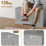 [Grey] Grey shaker toy box bench-seat shot, 136 kg load label and 15 mm vs 12 mm panel inset