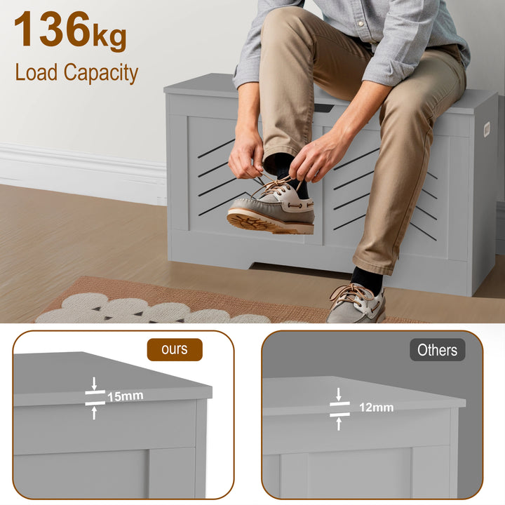 [Grey] Grey shaker toy box bench-seat shot, 136 kg load label and 15 mm vs 12 mm panel inset