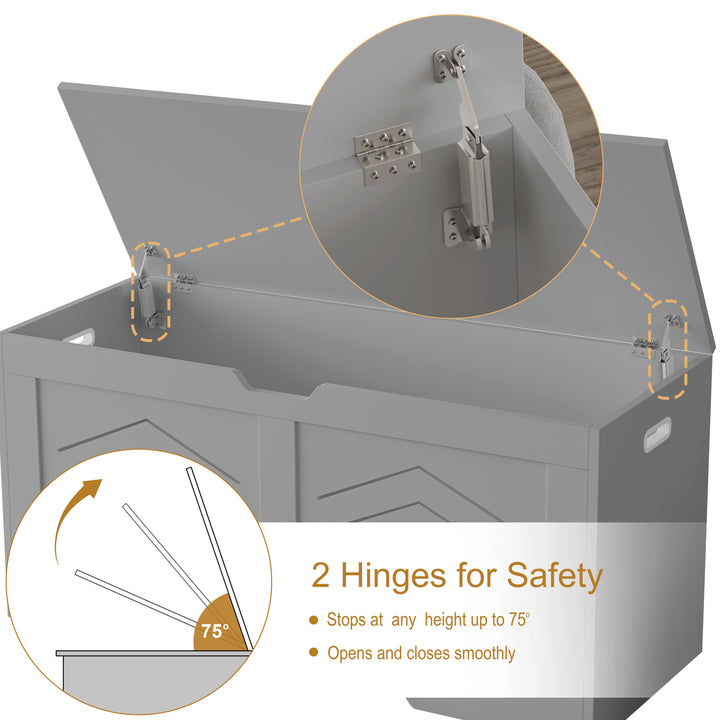 [Grey] Close-up of safety hinge on grey shaker toy box stopping lid at 75 degrees