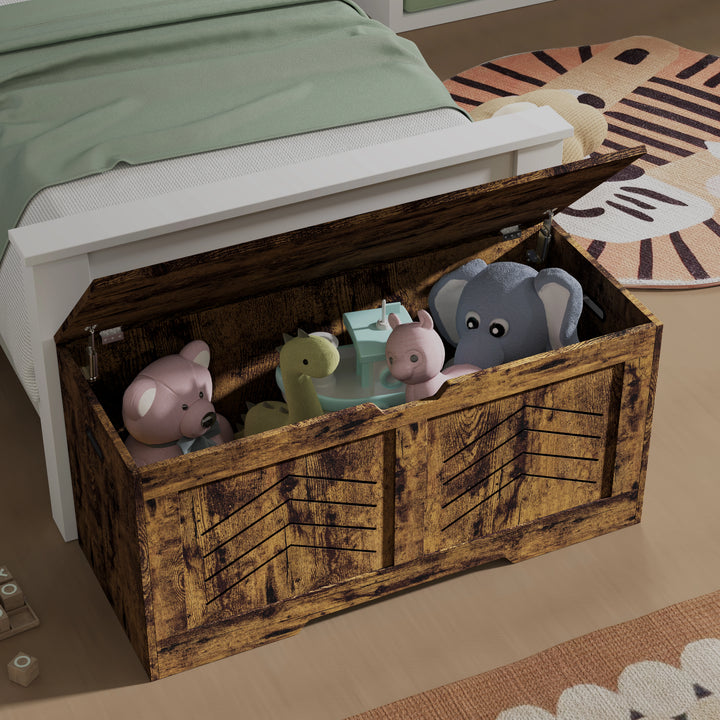 [Rustic] Rustic shaker toy box at foot of white bed, lid open, plush elephant and dinosaur inside