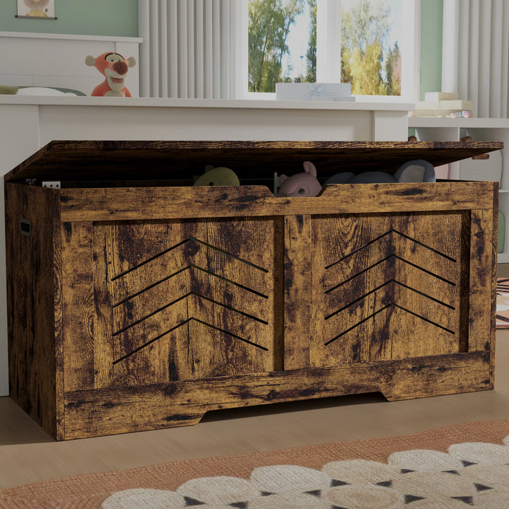 [Rustic] Front-angle view of rustic shaker toy box, lid raised, interior packed with plush toys