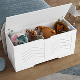 [White] Open white shaker toy box on wooden floor revealing plush toys packed into the storage space