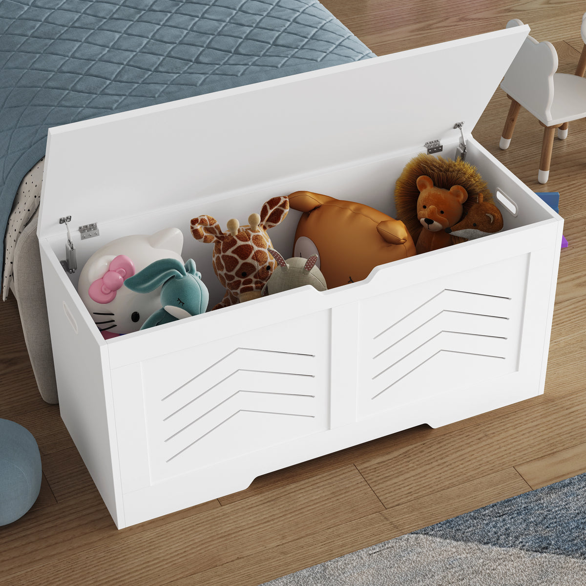 [White] Open white shaker toy box on wooden floor revealing plush toys packed into the storage space