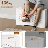 [White] White shaker toy box bears 136 kg with man seated, with thickness comparison panel below