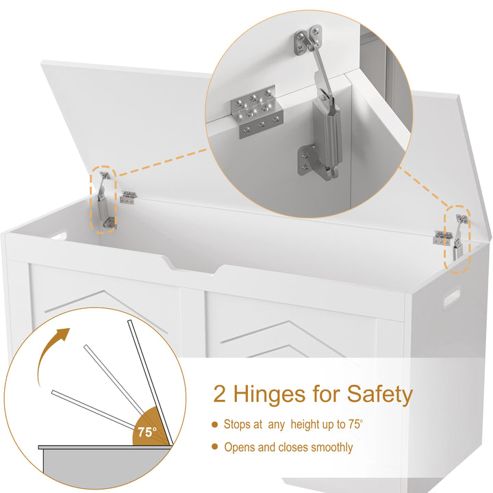 [White] Two safety hinges shown on white shaker toy box, lid raised and supported at 75 degrees