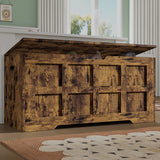 [Rustic] Front-angled rustic toy storage box, grain visible across grid panels, lid raised at rear