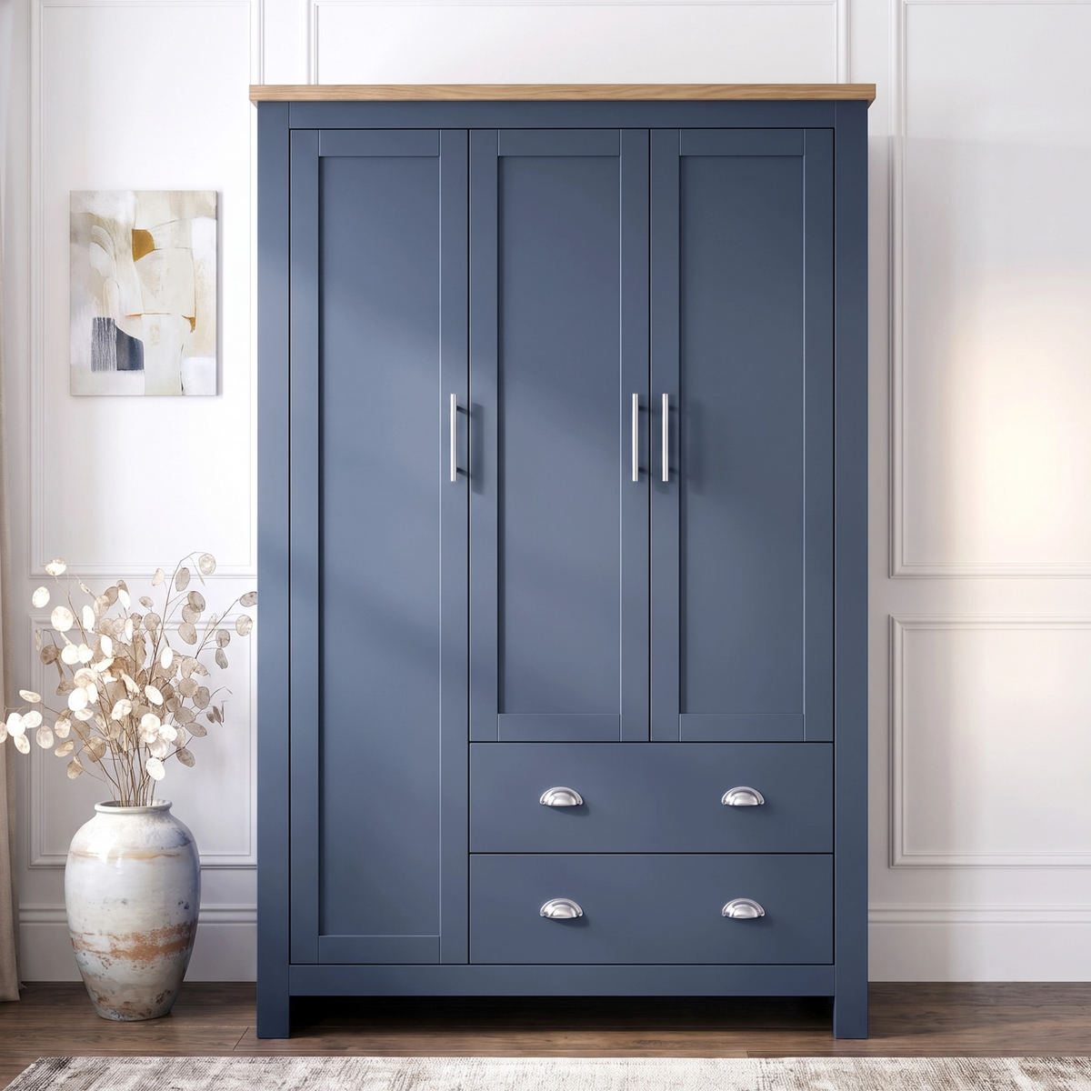 [Blue] Straight-on Shaker triple wardrobe in navy blue with oak top, panelled doors and two matching drawers.