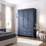 [Blue] Shaker Triple Wardrobe With Drawers And Shelves closed showing three doors and a natural oak wood top.