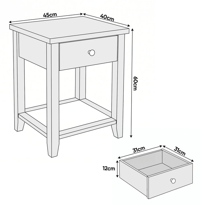 [White] Dimensions guide showing 45 cm width, 40 cm depth, 60 cm height and 31 x 31 x 12 cm drawer