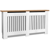 [Extra Large | White] Freestanding white radiator cover with oak top and vertical slatted front, suitable for concealing radiators in home interiors.