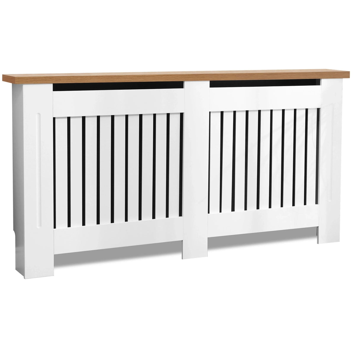 [Extra Large | White] Freestanding white radiator cover with oak top and vertical slatted front, suitable for concealing radiators in home interiors.
