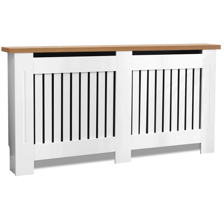 [Extra Large | White] Freestanding white radiator cover with oak top and vertical slatted front, suitable for concealing radiators in home interiors.