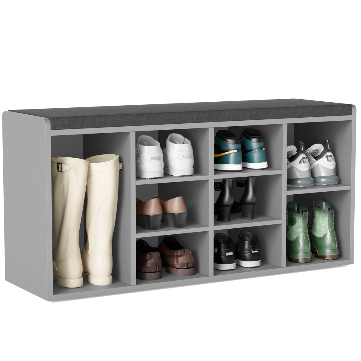 [Grey] shoe storage bench with various shoes on a white background