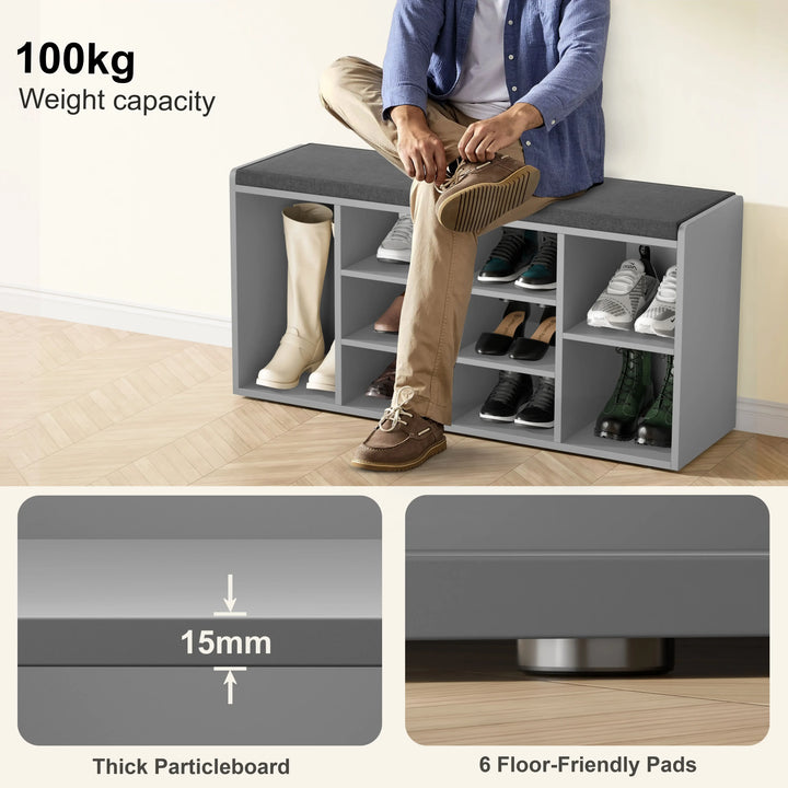 [Grey] Shoe storage bench grey finish supports seated user, 100kg capacity, 15mm board, 6 floor pads