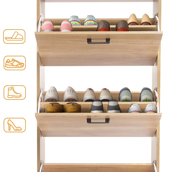 [Pine] This wooden shoe cabinet reveals three levels provide space for housing a mix of shoes like boots, Crocs, and slippers.